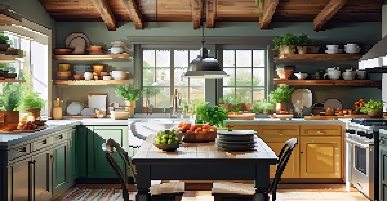 A rustic farmhouse-style kitchen with exposed wooden beams, a farmhouse sink, open shelving, and a wooden dining table with mismatched chairs.