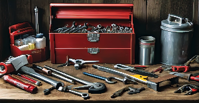 An organized toolbox with plumbing tools such as wrenches and pliers on a workbench.