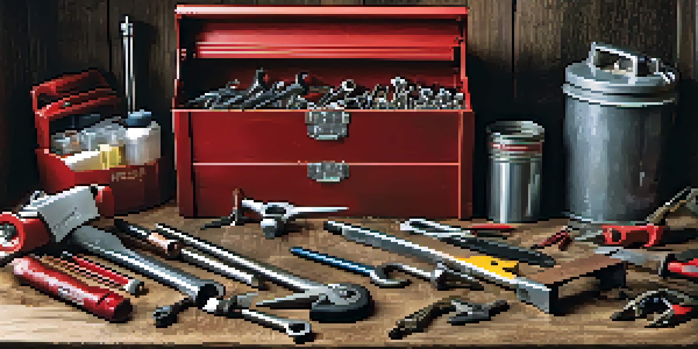 An organized toolbox with plumbing tools such as wrenches and pliers on a workbench.