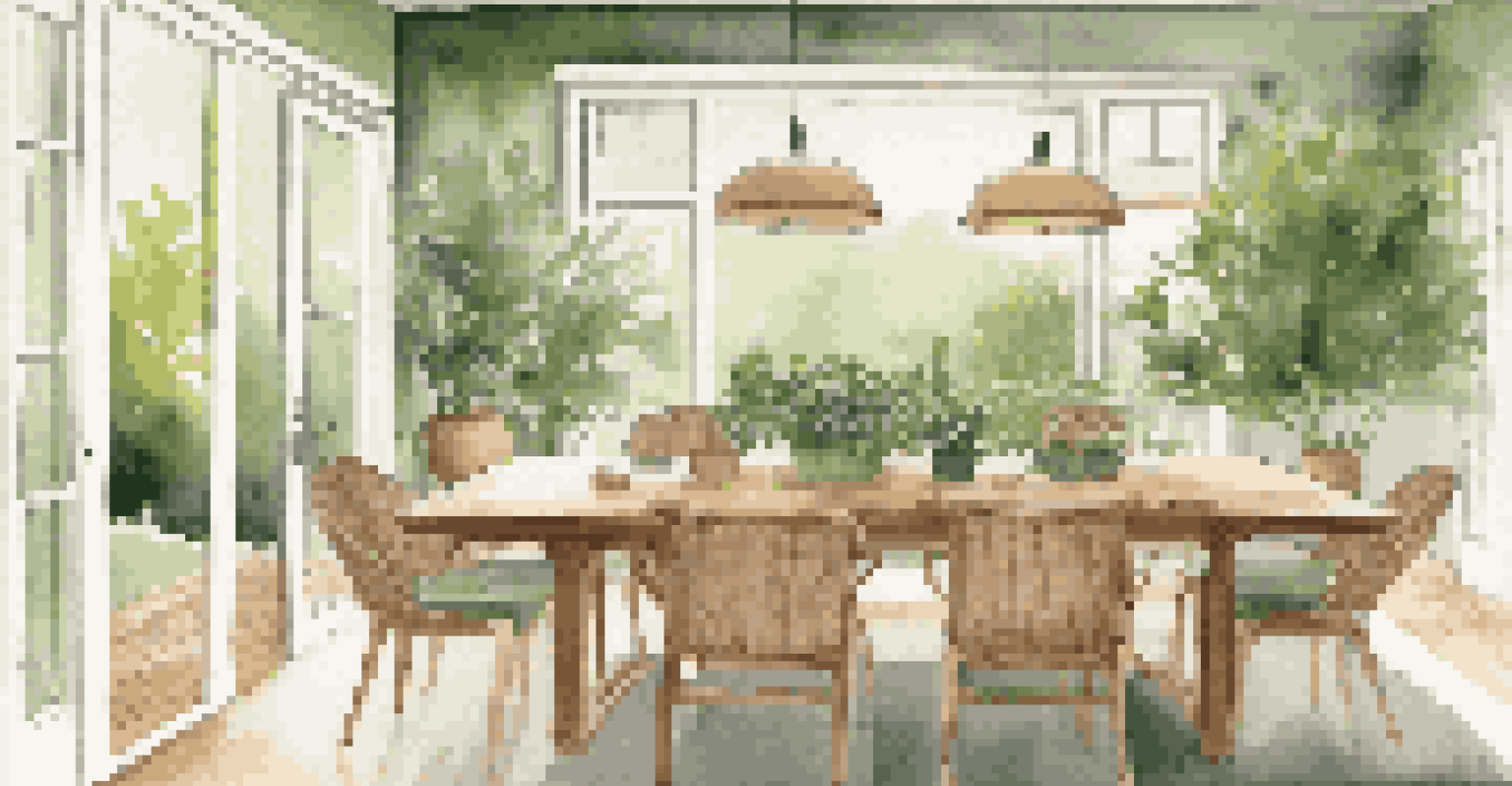 A peaceful dining room with green walls, a wooden table, and a view of the garden.