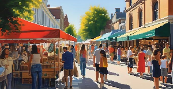 A lively city street during an art festival, with colorful stalls and people enjoying the event.