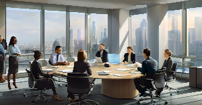 A diverse group of professionals discussing a property management agreement in a bright conference room with a city skyline view.