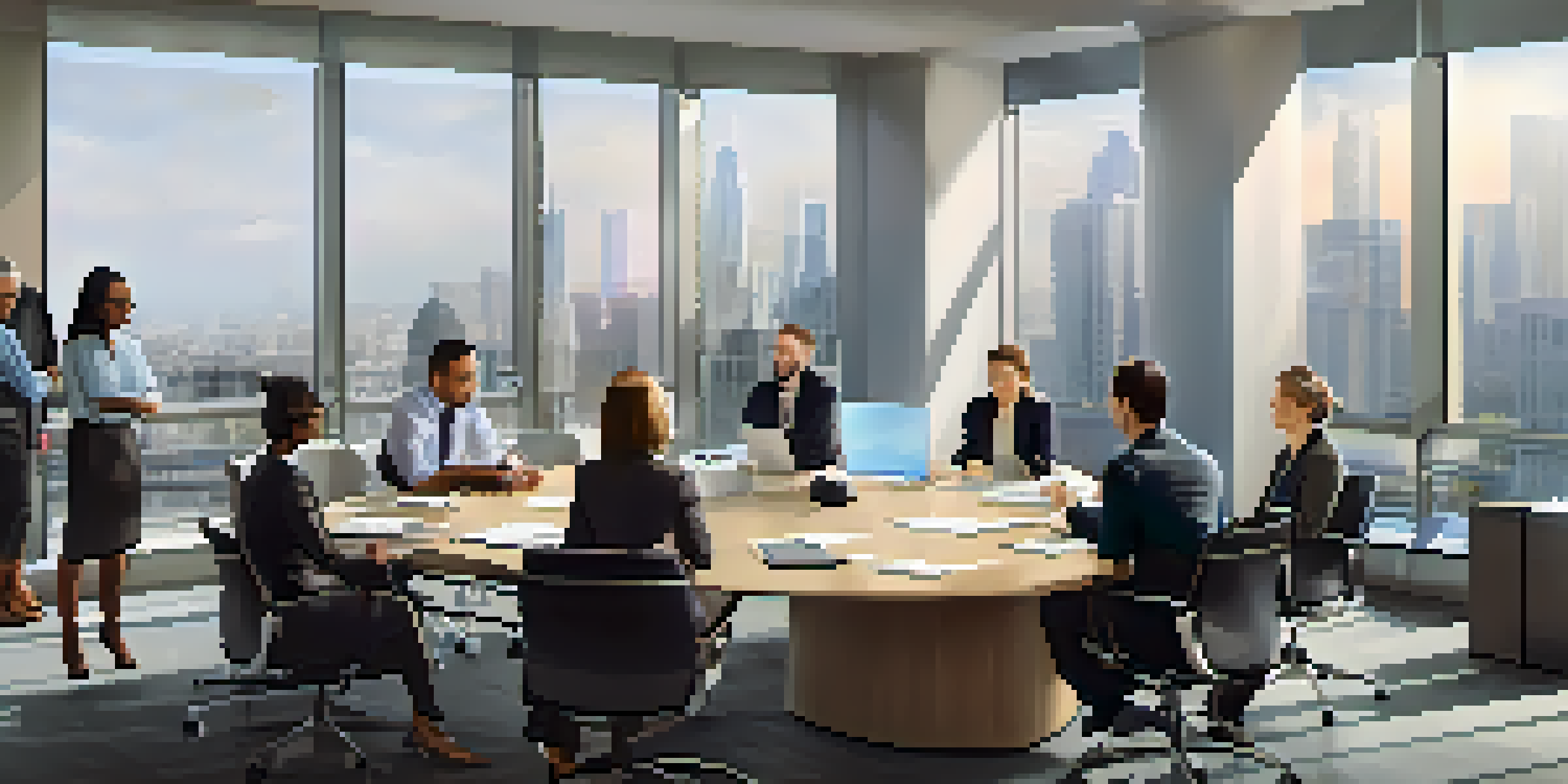 A diverse group of professionals discussing a property management agreement in a bright conference room with a city skyline view.