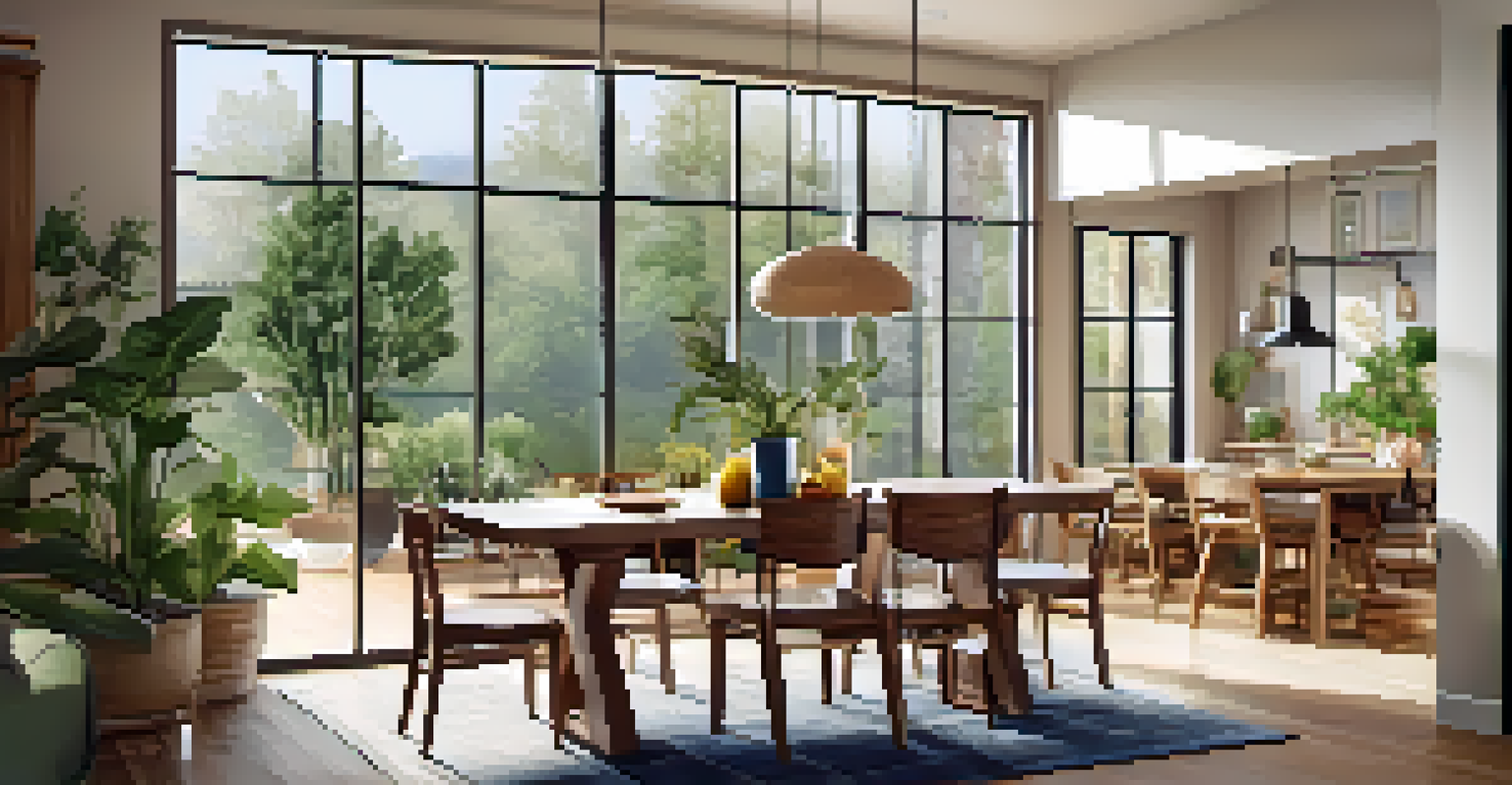 An interior view of a cozy, energy-efficient home with natural light, sustainable furniture, and a family discussing plans around a dining table.