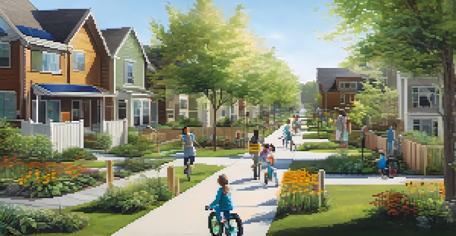 A sustainable neighborhood with eco-friendly homes, gardens, and people enjoying outdoor activities.