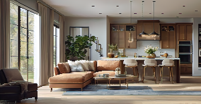 An open concept living area filled with natural light, featuring pendant lights, floor lamps, and a warm color palette.