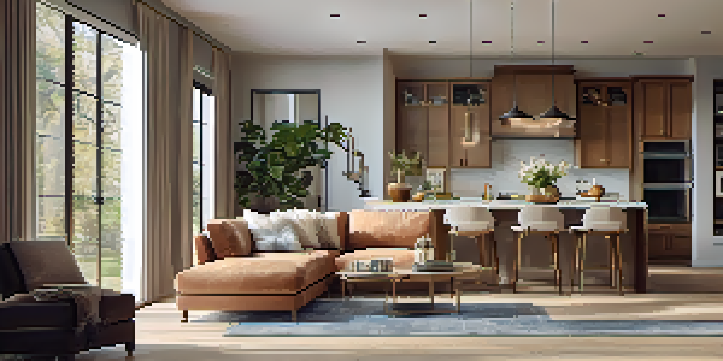 An open concept living area filled with natural light, featuring pendant lights, floor lamps, and a warm color palette.