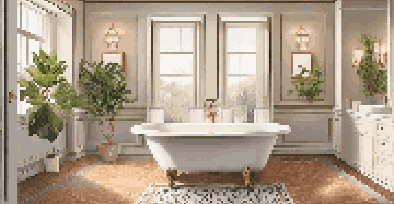 A luxurious bathroom with a freestanding bathtub, elegant fixtures, and decorative plants in a serene atmosphere.
