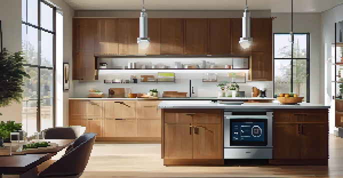 A contemporary kitchen with smart appliances, including a refrigerator with a digital screen and a recipe displayed on a tablet. The space is well-lit with large windows and polished countertops.
