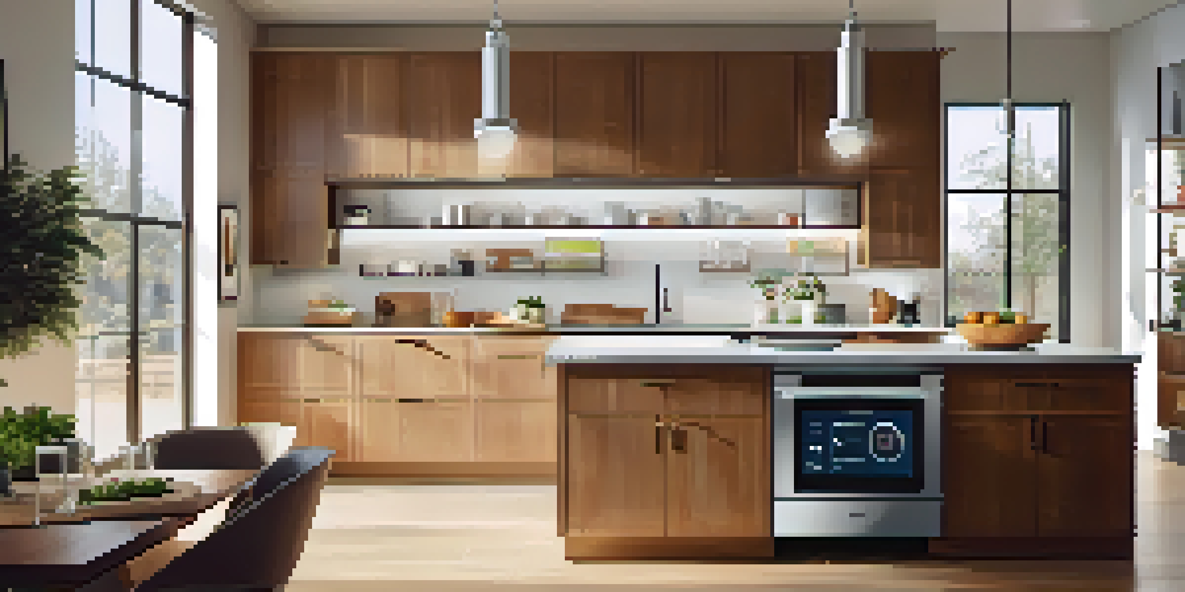 A contemporary kitchen with smart appliances, including a refrigerator with a digital screen and a recipe displayed on a tablet. The space is well-lit with large windows and polished countertops.