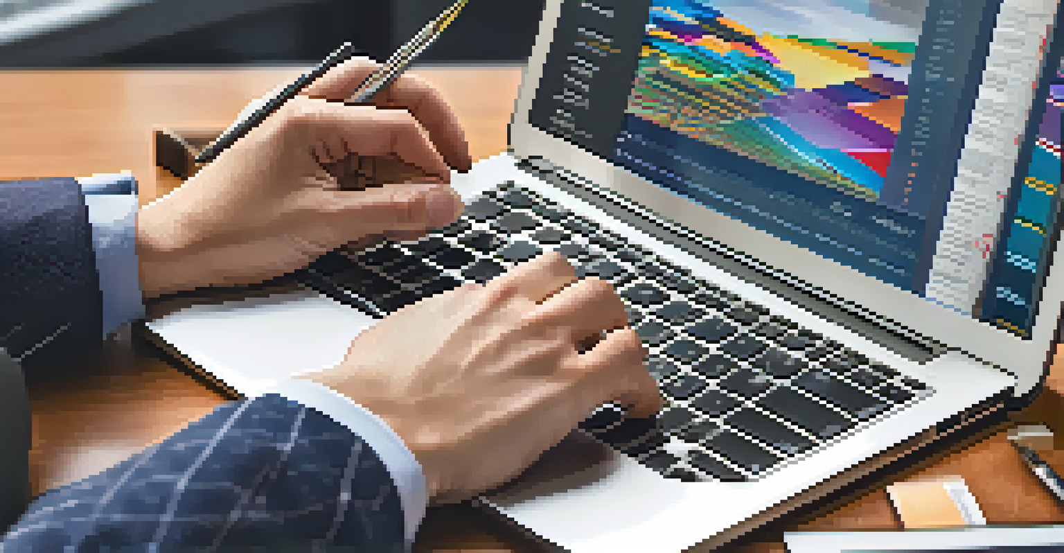 A close-up of hands typing on a laptop, reviewing a colorful investment portfolio featuring various property types in a modern office.