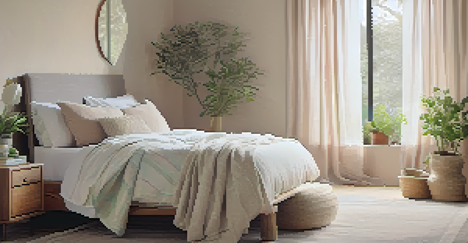 A tranquil bedroom with pastel linen bedding and natural light, featuring a potted plant.