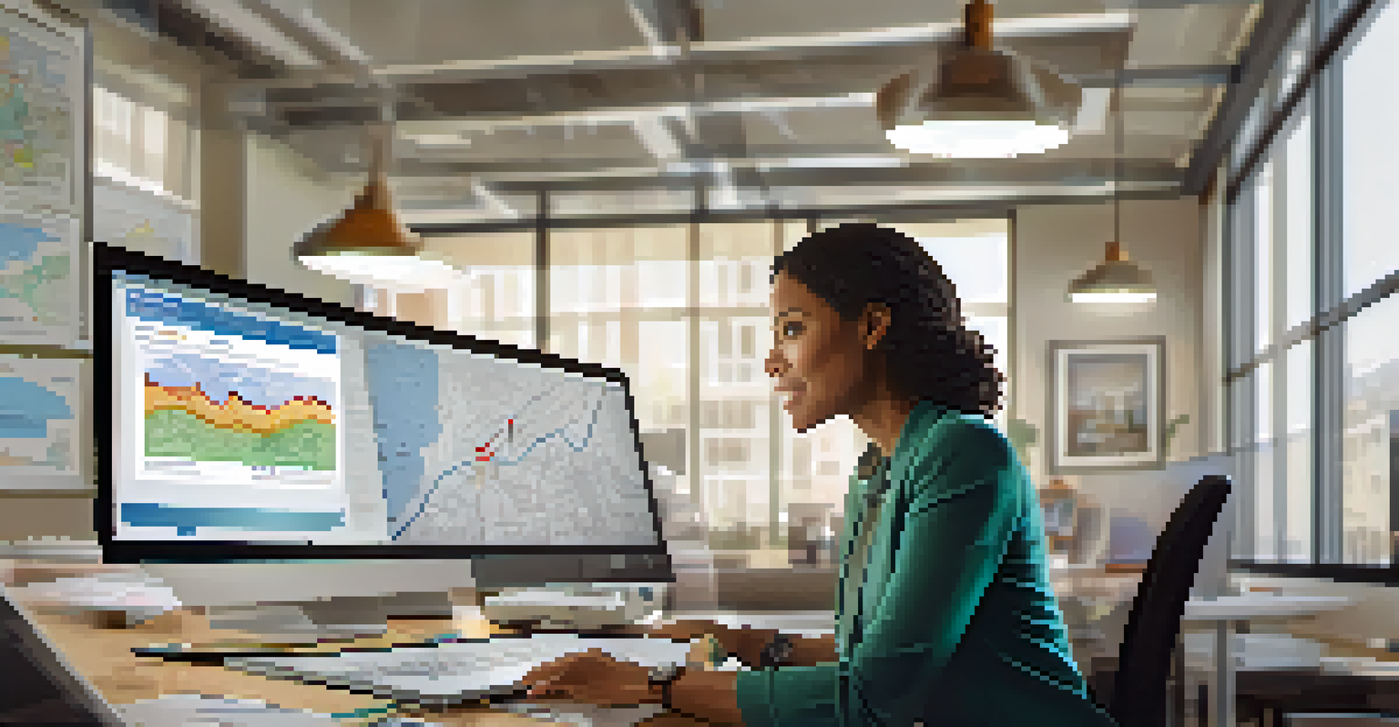 An assessor in an office using a laptop to review property values, surrounded by charts and community photos.