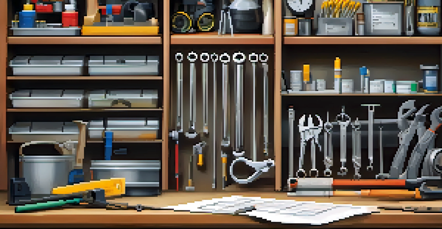 A digital tablet showing a property maintenance schedule with tools and equipment in a workshop.