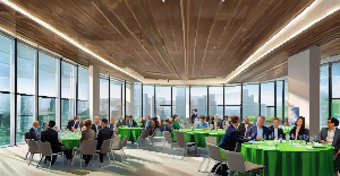 A networking event with diverse investors in a modern conference hall, engaging in conversations and sharing business cards.