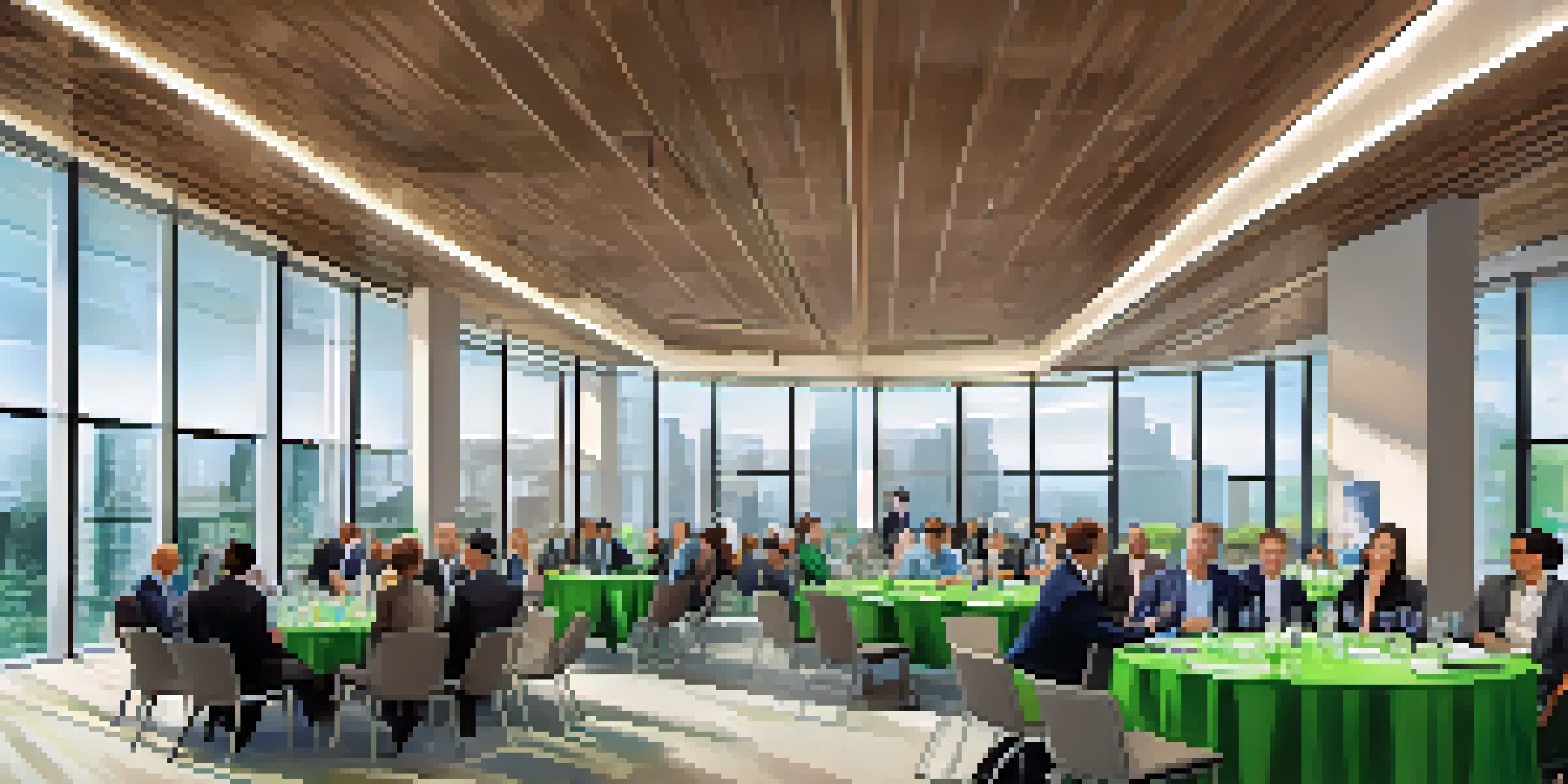 A networking event with diverse investors in a modern conference hall, engaging in conversations and sharing business cards.