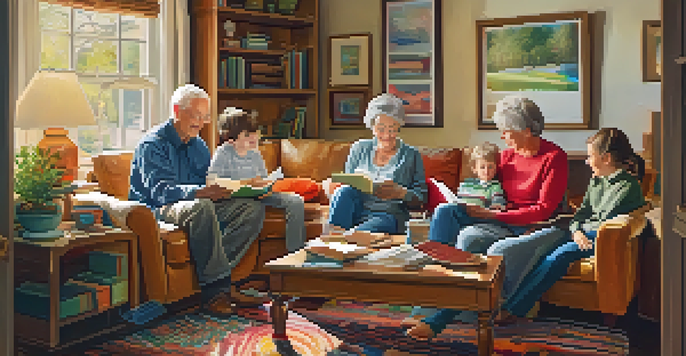 A multi-generational family in a cozy living room, with grandparents reading, parents talking, and children playing on the floor.