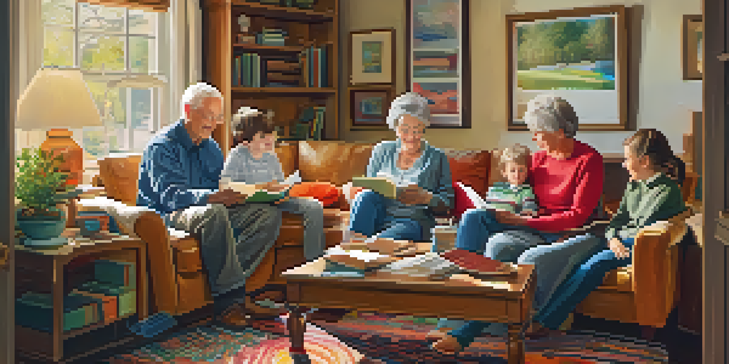 A multi-generational family in a cozy living room, with grandparents reading, parents talking, and children playing on the floor.