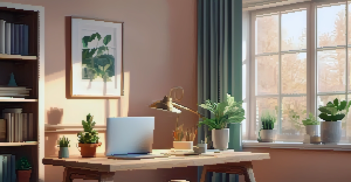 A cozy home office with a wooden desk, laptop, houseplants, and a warm light, creating a serene atmosphere.