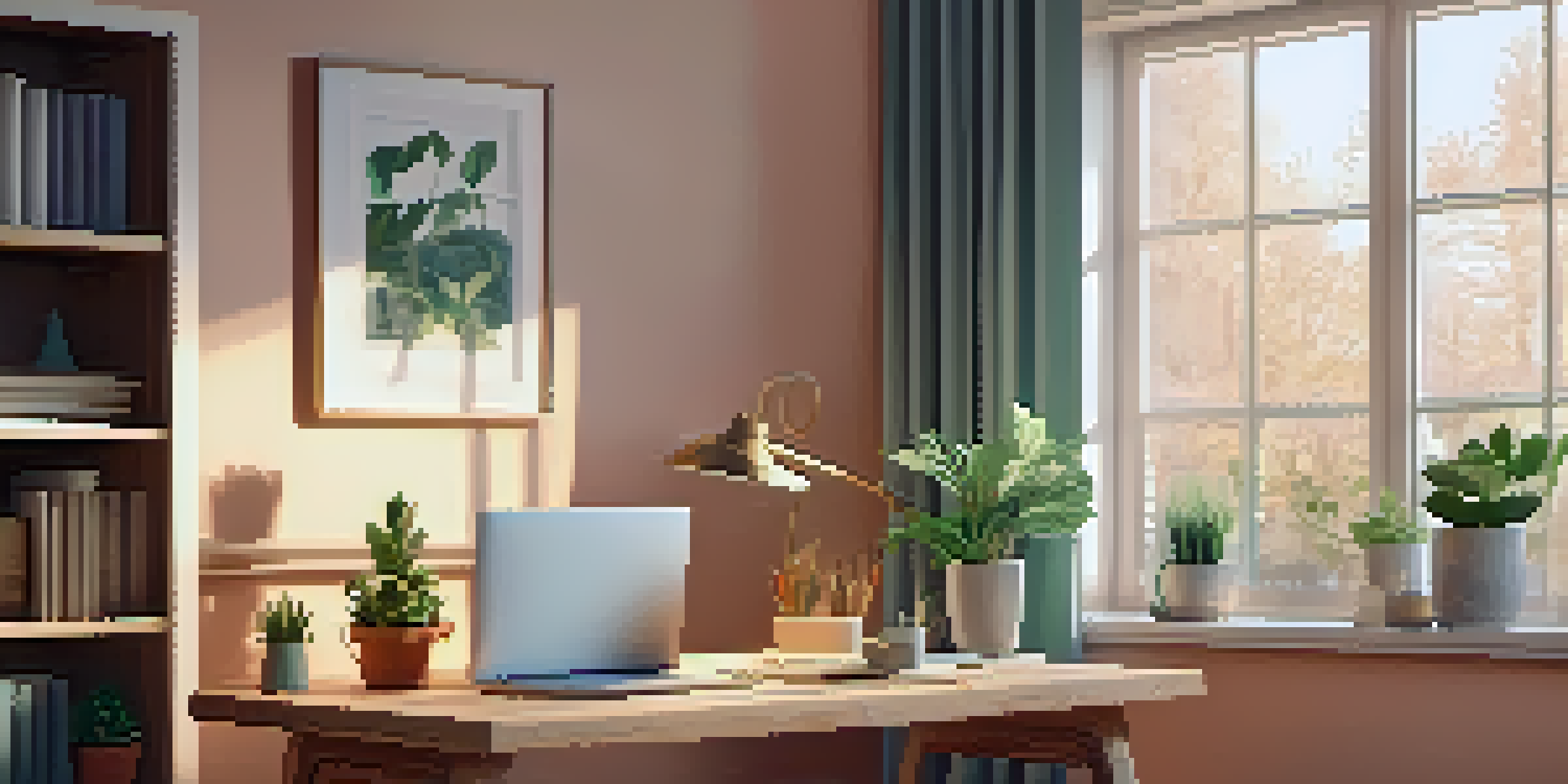 A cozy home office with a wooden desk, laptop, houseplants, and a warm light, creating a serene atmosphere.