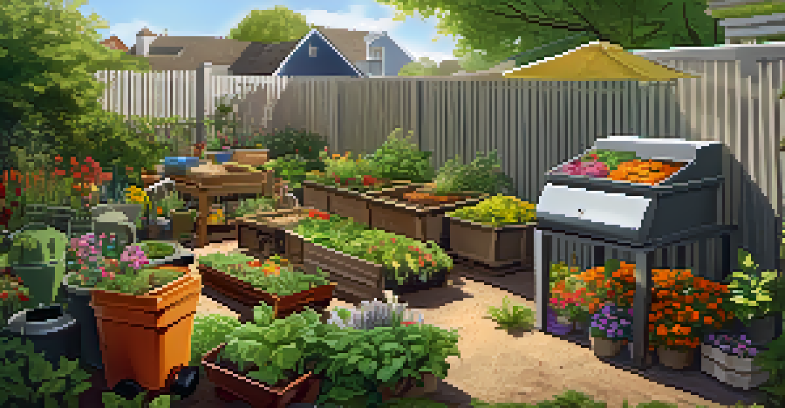 A compost area in a backyard with a compost bin, surrounded by plants, and a family adding kitchen scraps.