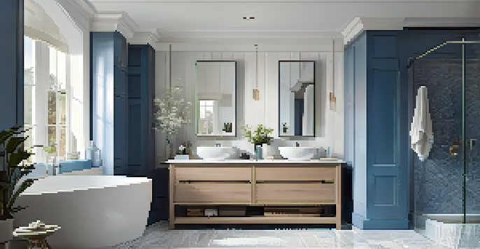 A modern renovated bathroom with a freestanding bathtub, double sinks, and a spacious shower, illuminated by natural light.