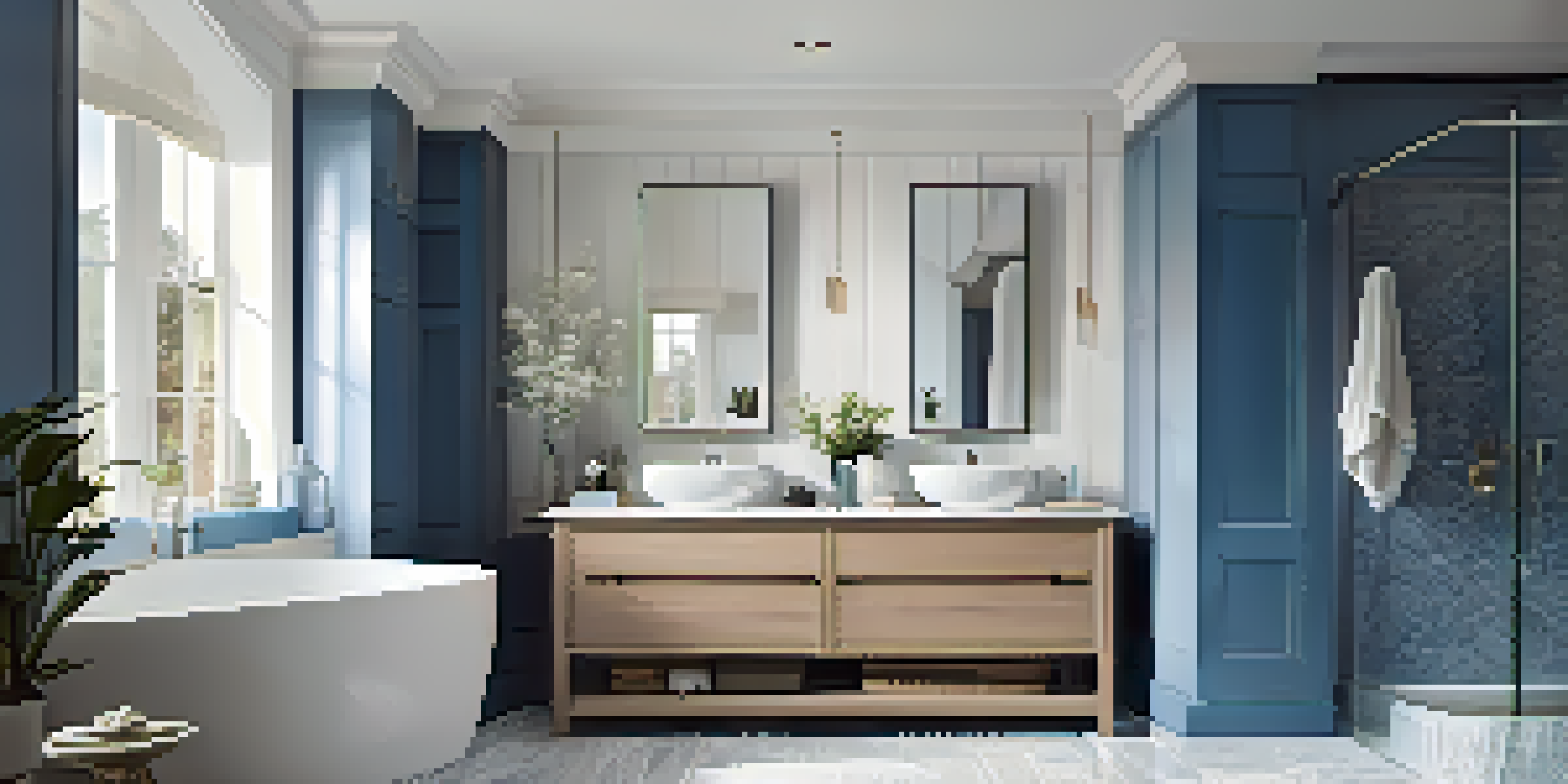 A modern renovated bathroom with a freestanding bathtub, double sinks, and a spacious shower, illuminated by natural light.