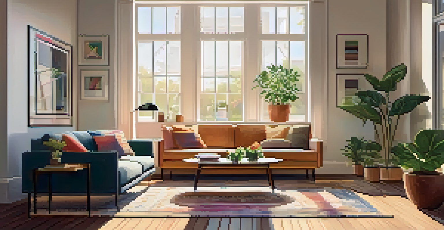 A modern living room with a cozy sofa and sunlight streaming through a large window, creating a warm atmosphere.