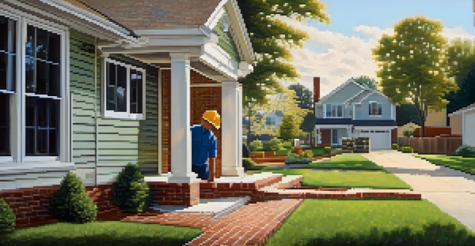 A person inspecting the foundation of a house with a flashlight in a sunny suburban setting.