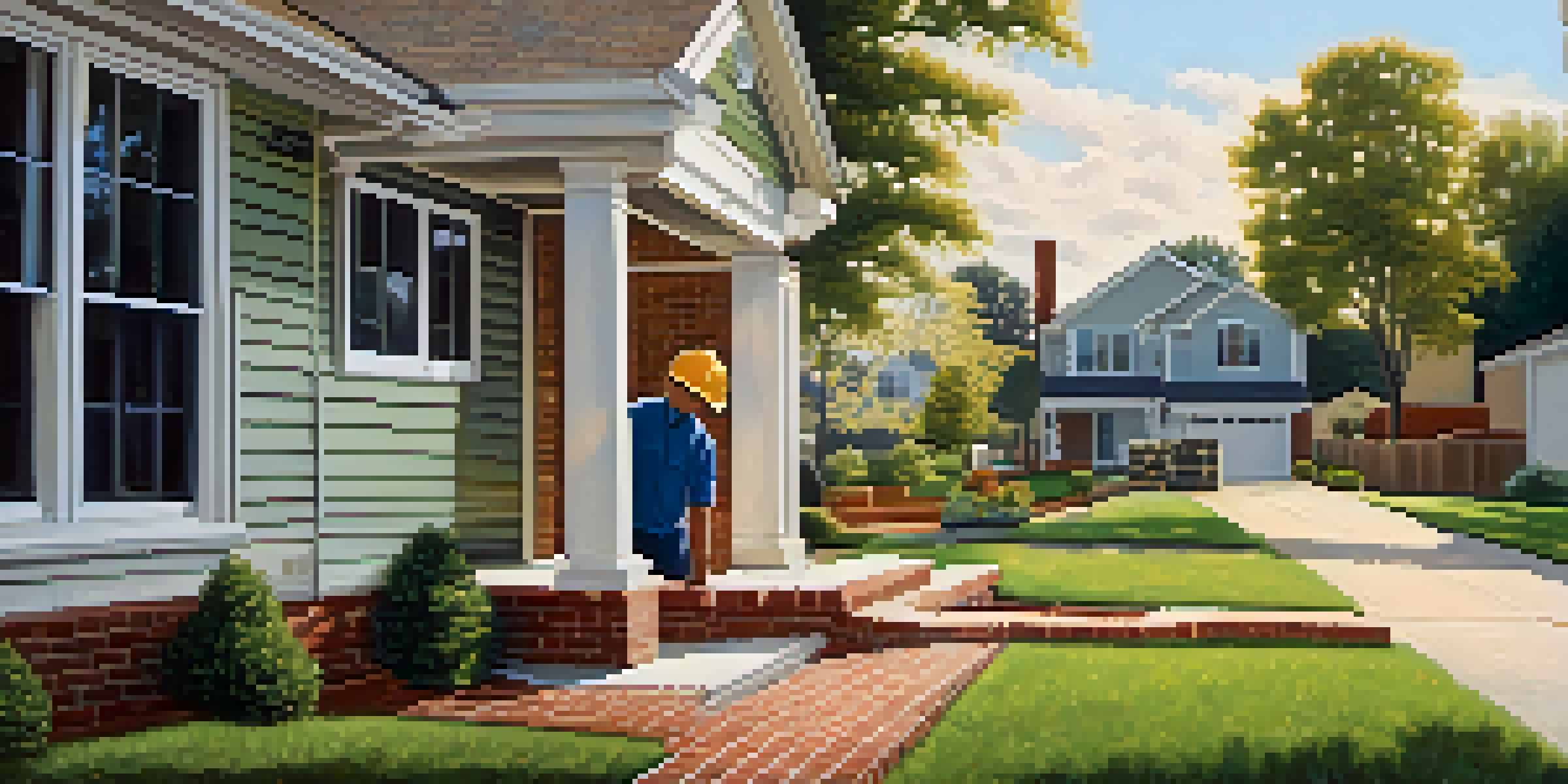 A person inspecting the foundation of a house with a flashlight in a sunny suburban setting.