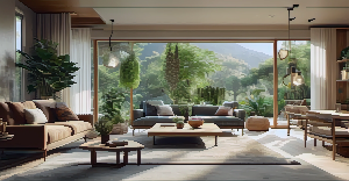 A modern living room designed to connect with nature, featuring large windows, indoor plants, and a view of a lush garden.