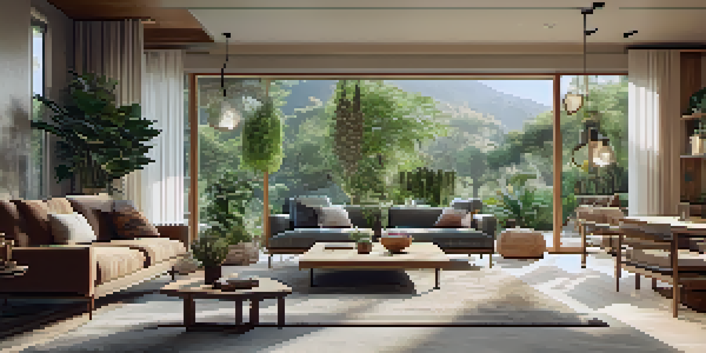 A modern living room designed to connect with nature, featuring large windows, indoor plants, and a view of a lush garden.