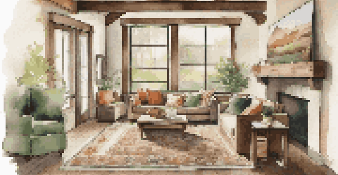 A cozy living room with reclaimed wood beams and vintage furniture, showcasing natural light and a warm color palette.