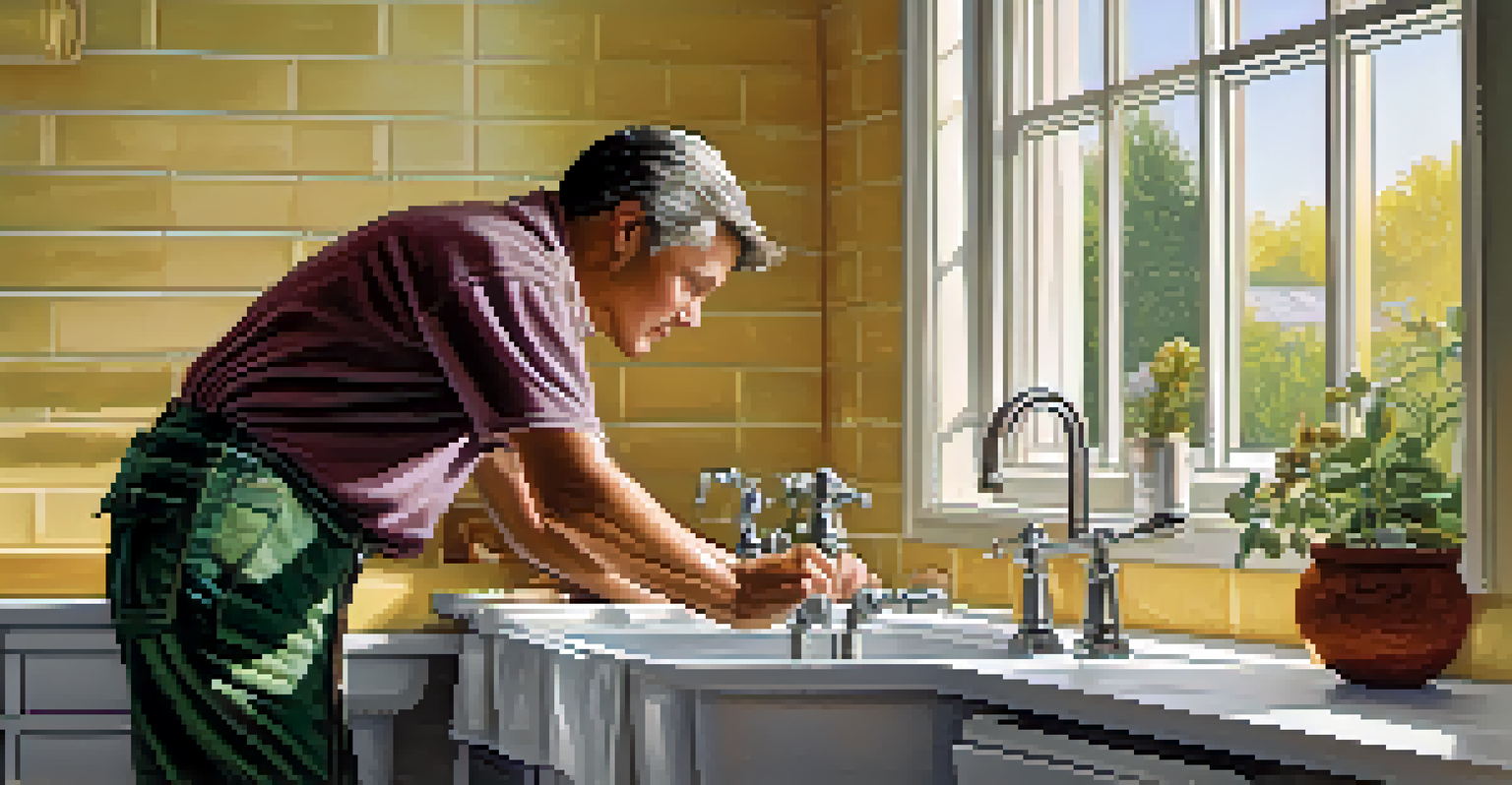 A homeowner repairing a leaky faucet in a bright bathroom, with tools neatly arranged, showing commitment to home maintenance.