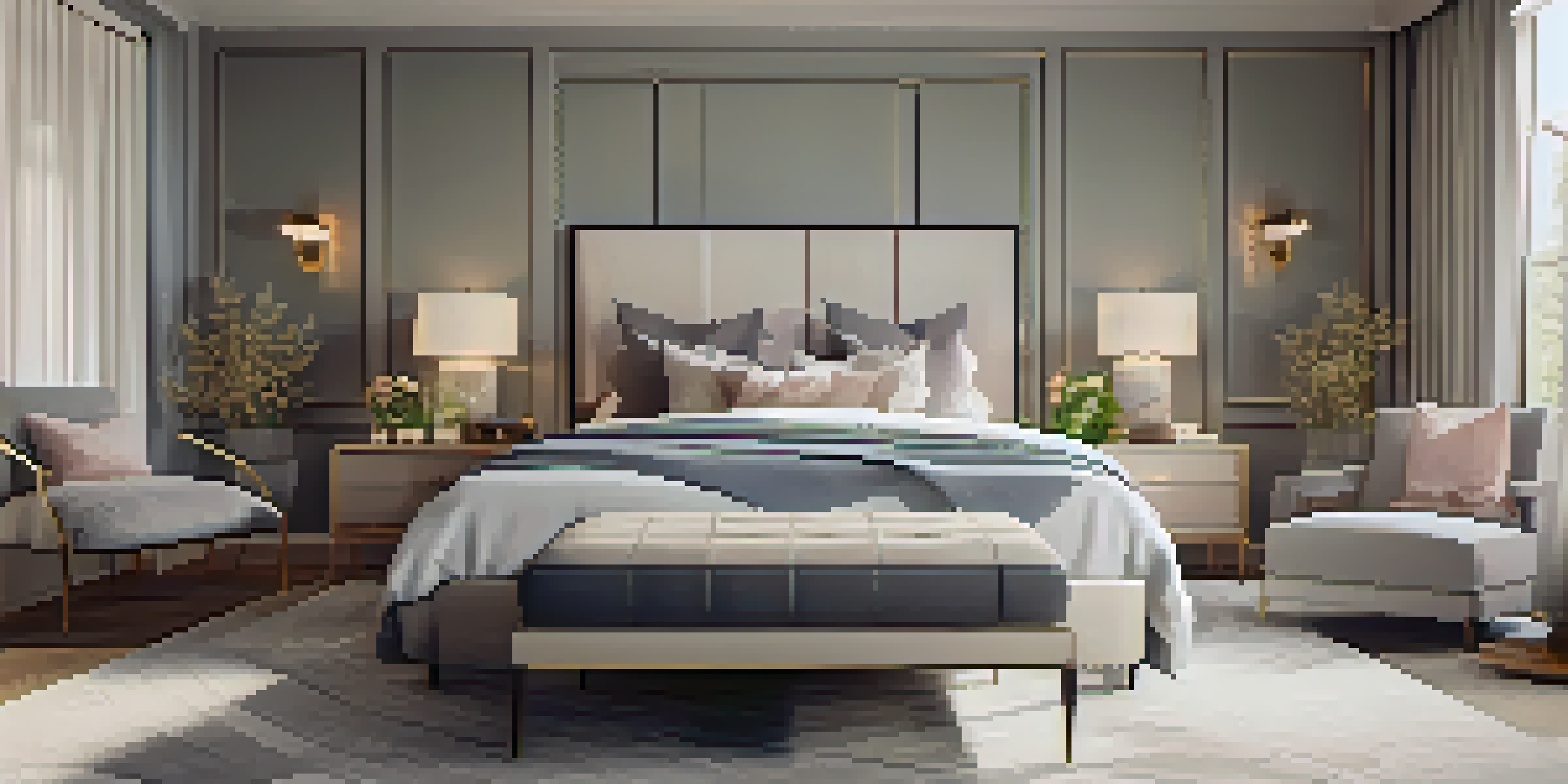 A serene bedroom with plush bedding and stylish decor, illuminated by soft, ambient light.
