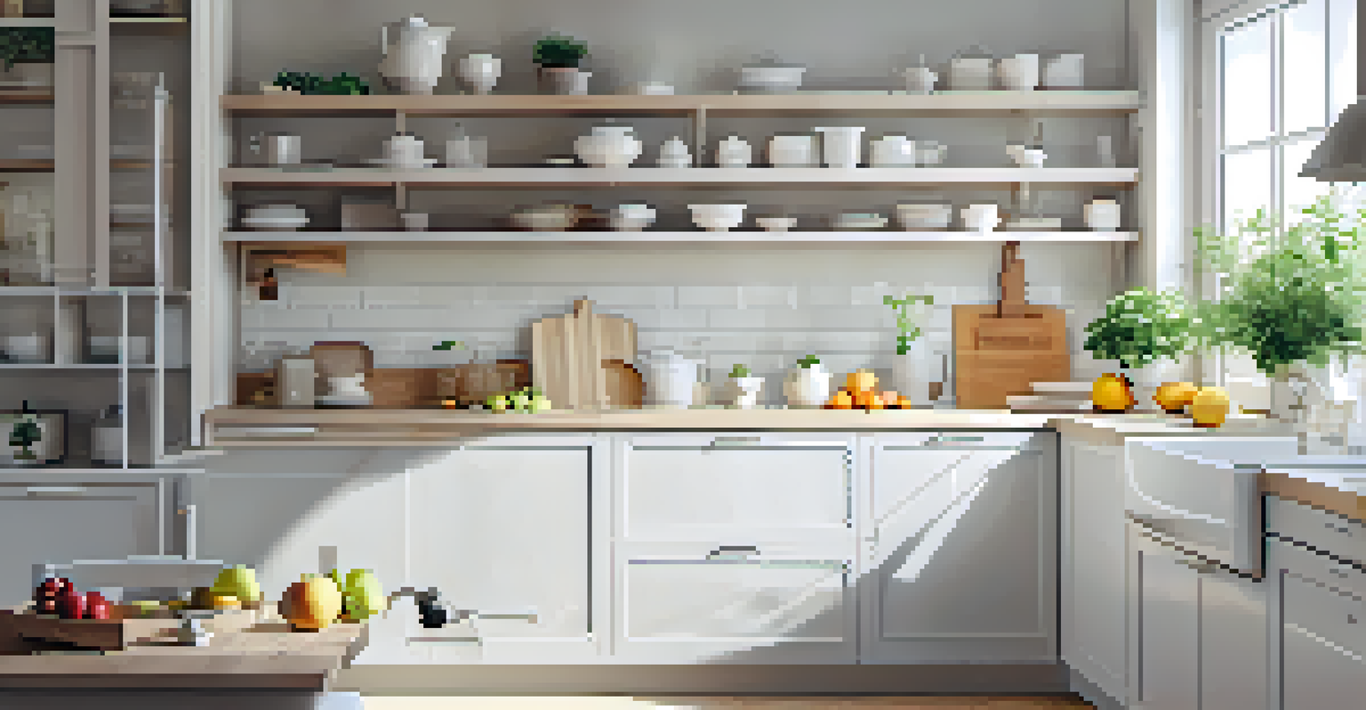 A clean and bright kitchen with fresh fruits on the counter and a cozy atmosphere, illuminated by natural light.