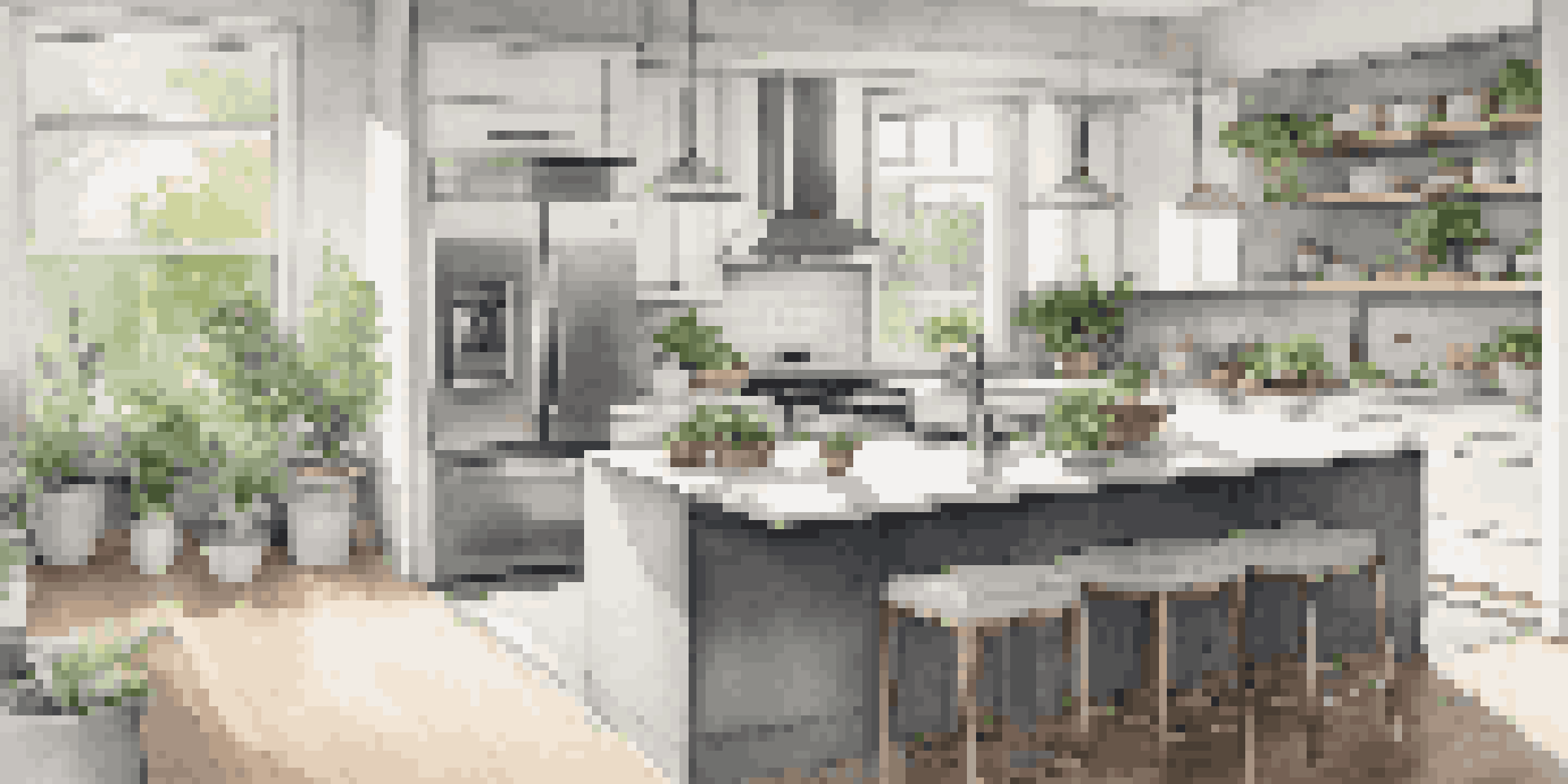 A bright, modern kitchen with energy-efficient appliances and an open layout, featuring white quartz countertops and gray cabinets.