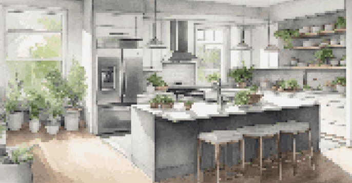 A bright, modern kitchen with energy-efficient appliances and an open layout, featuring white quartz countertops and gray cabinets.