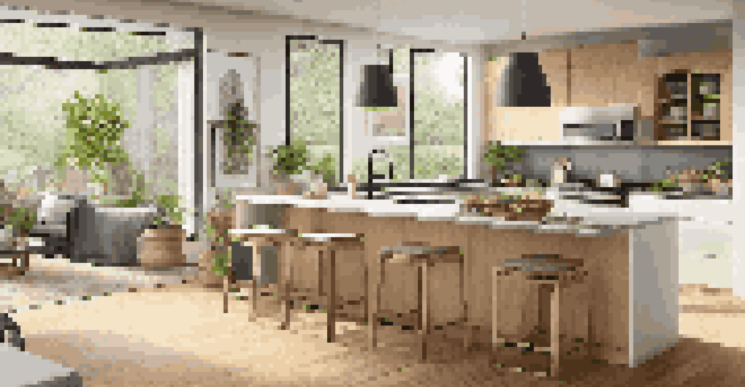 A modern kitchen within an open concept home, highlighting bamboo flooring, eco-friendly materials, and a bright atmosphere with natural light.