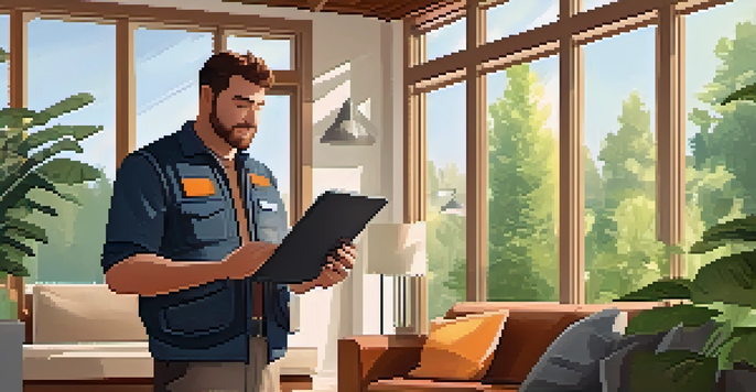 A home inspector examining the roof of a modern home with a digital tablet, surrounded by a well-lit living room and modern furniture.