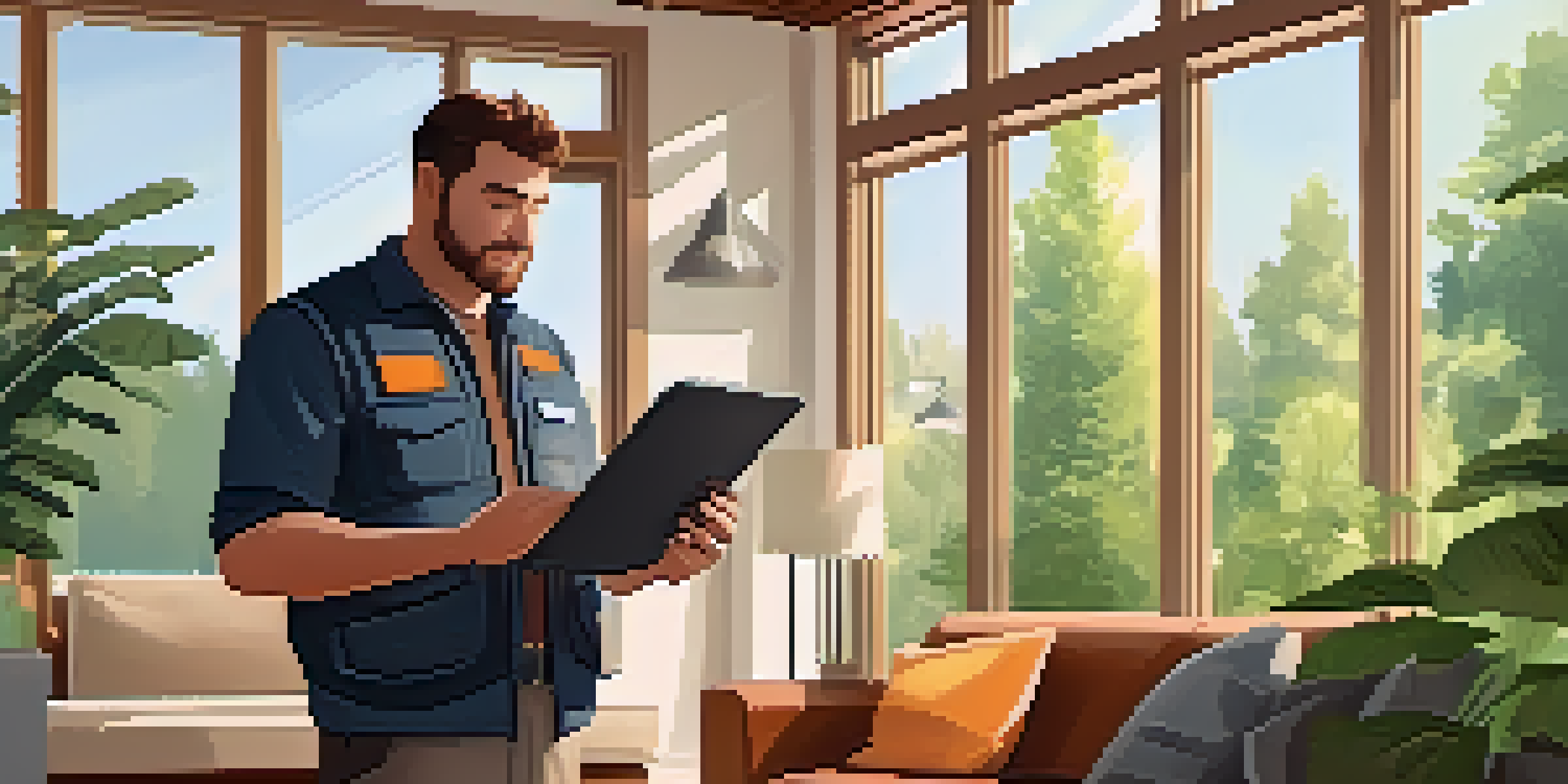 A home inspector examining the roof of a modern home with a digital tablet, surrounded by a well-lit living room and modern furniture.