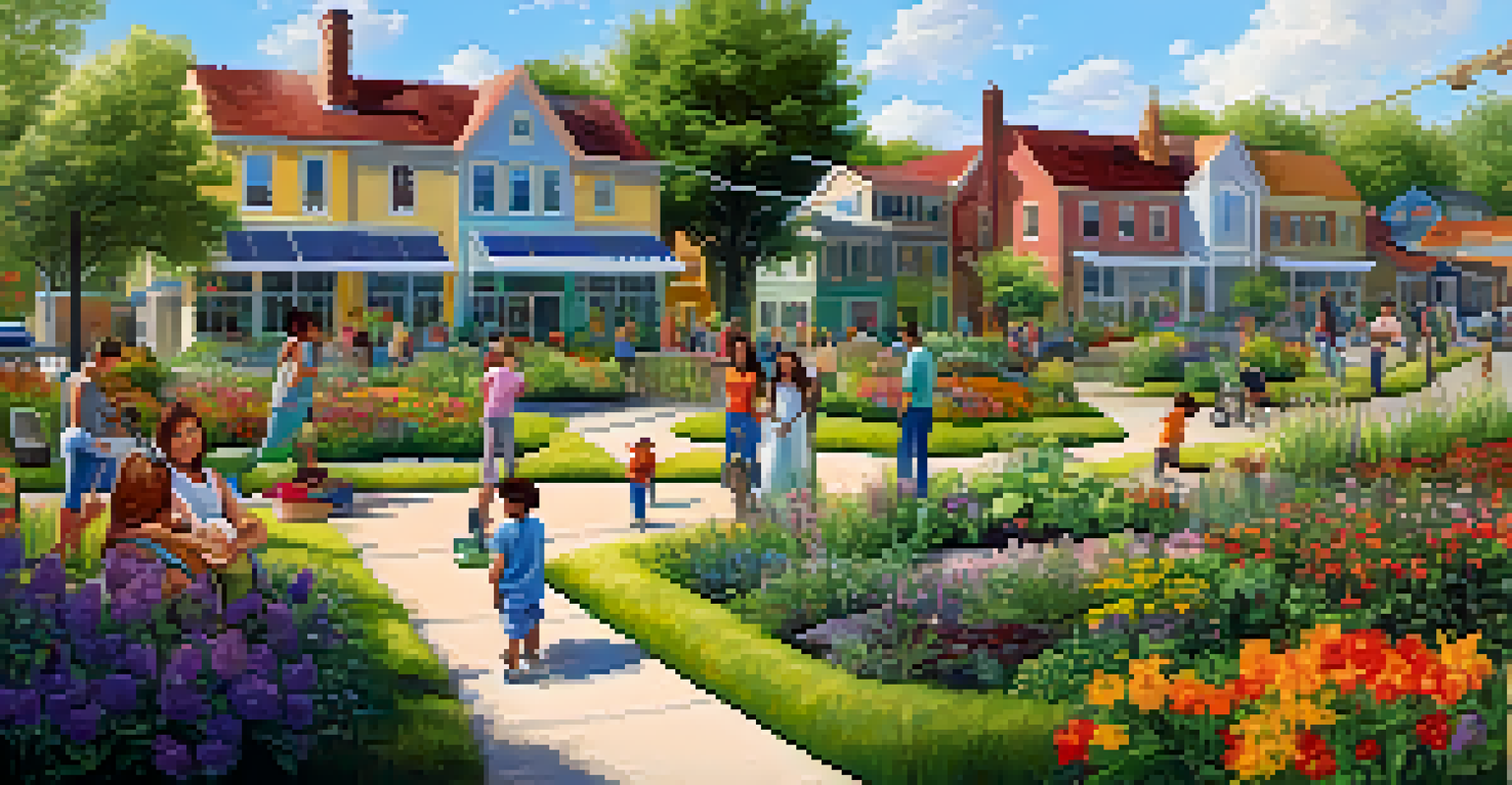 A peaceful sustainable community with green buildings, families enjoying nature, and vibrant gardens.