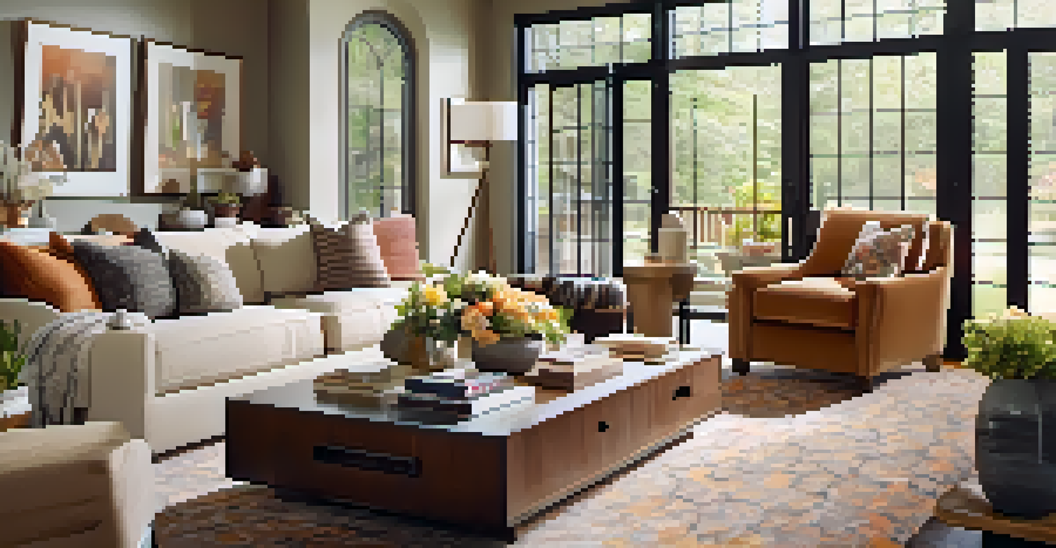 A cozy living room with a sofa, fireplace, and natural light creating a warm ambiance.