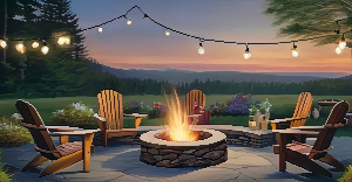 A rustic fire pit with stone construction, surrounded by comfortable Adirondack chairs, and illuminated by string lights at sunset.