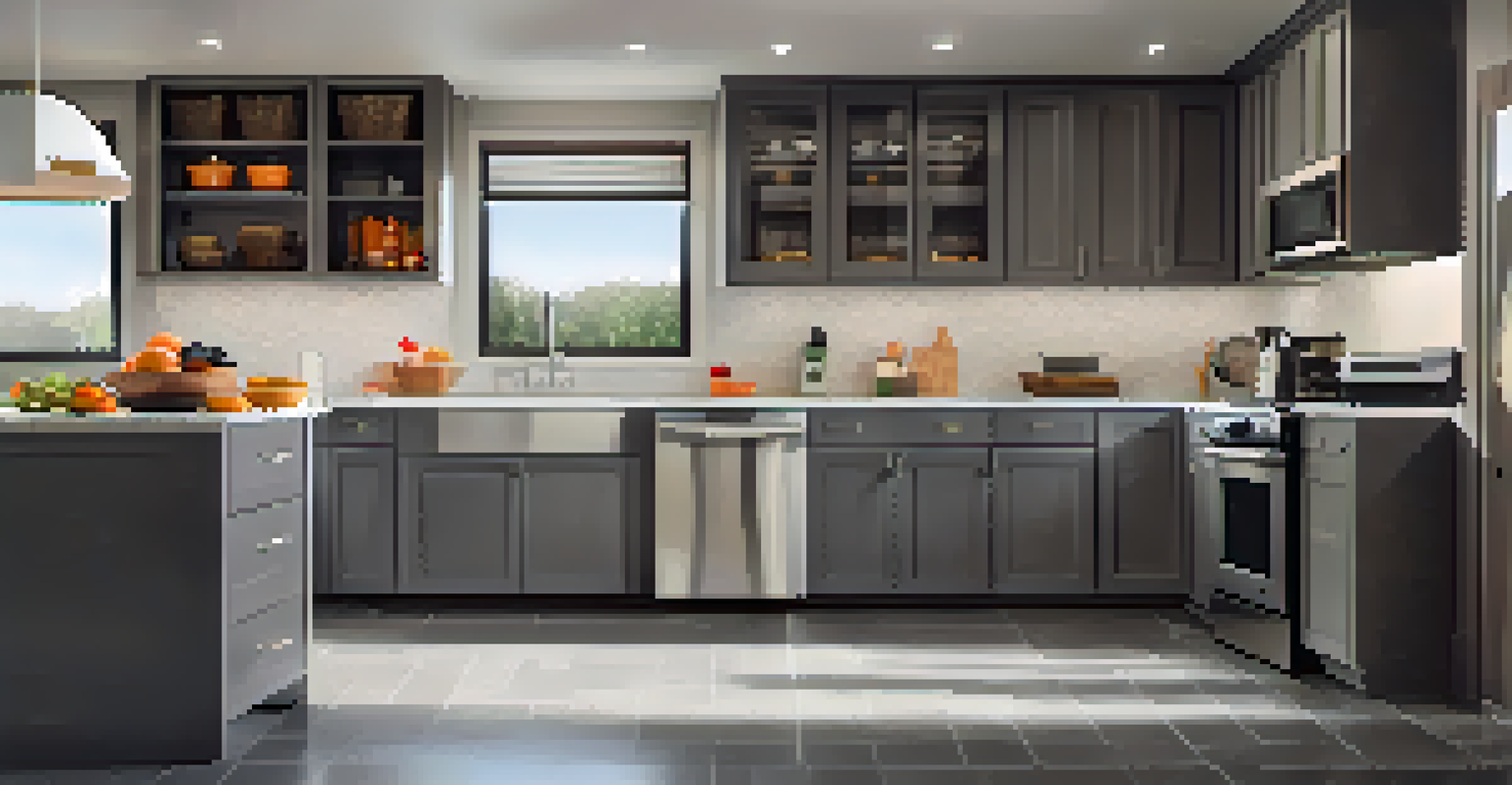 An inviting kitchen with slip-resistant rubber flooring, bright lighting, and modern appliances, featuring a bowl of fresh fruit on the counter.