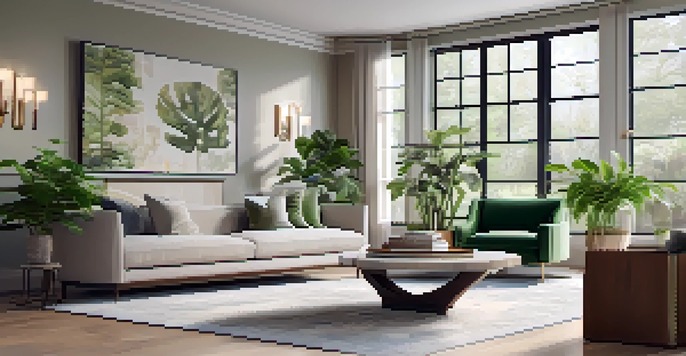 A beautifully renovated living room with modern and vintage furniture, large windows, and indoor plants, creating a warm and inviting atmosphere.