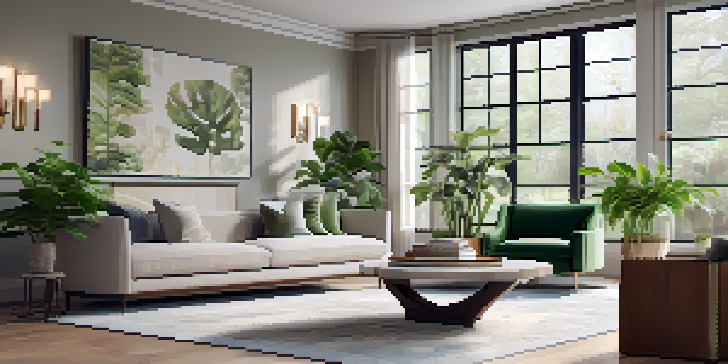 A beautifully renovated living room with modern and vintage furniture, large windows, and indoor plants, creating a warm and inviting atmosphere.