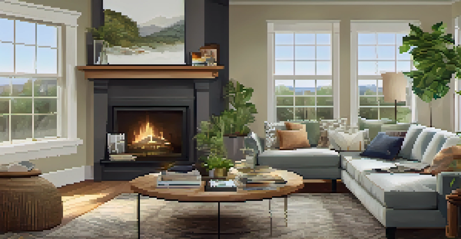 A warm and inviting living room with a sofa, coffee table, real estate brochures, and plants, illuminated by natural light through large windows.