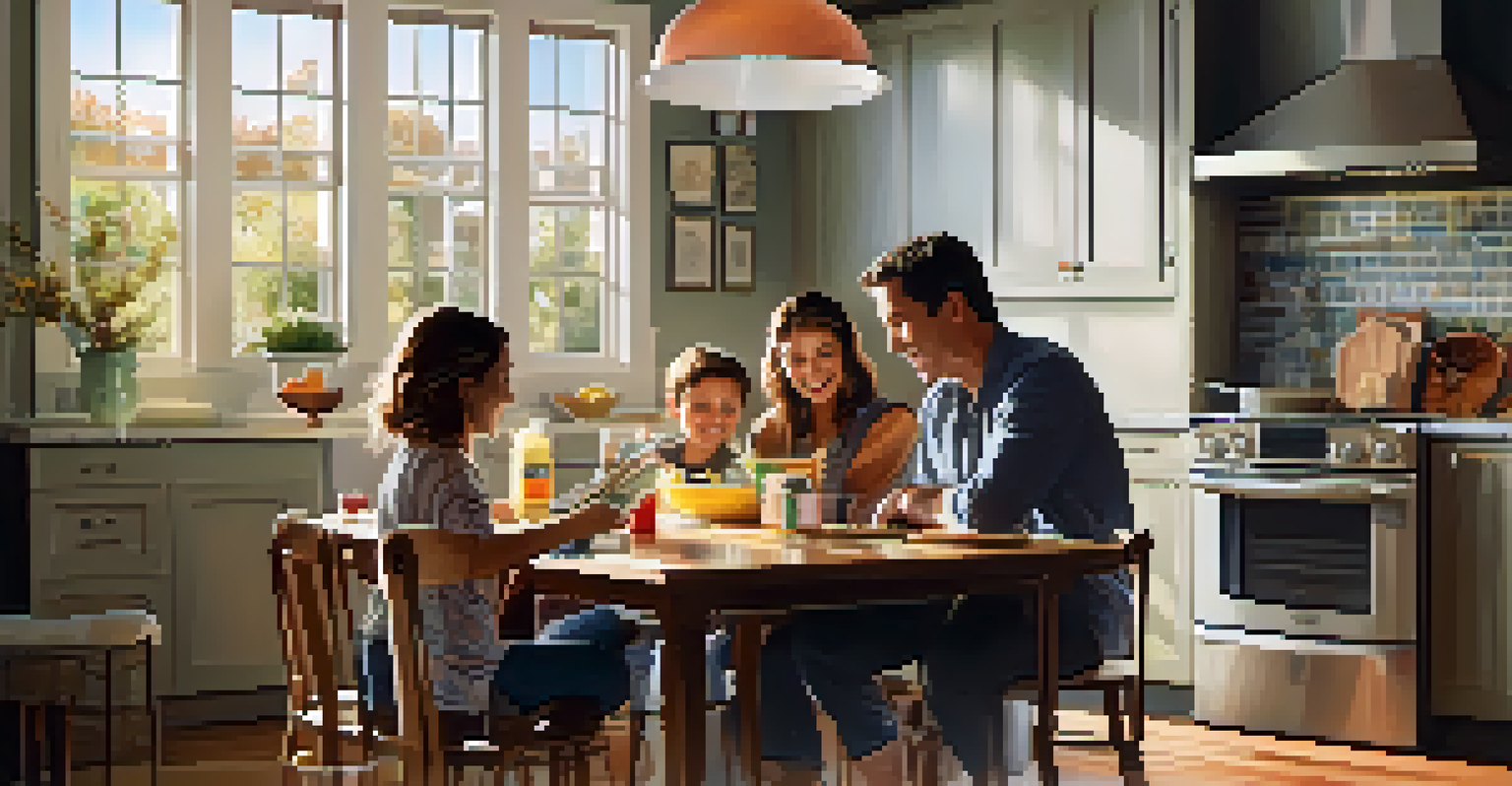A family in a bright kitchen discussing mortgage options around a table, creating a warm and collaborative environment.
