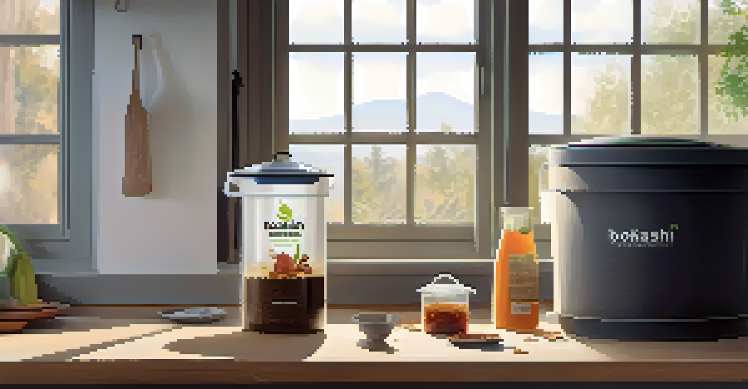 A Bokashi composting setup in a kitchen, featuring a bin with food scraps and a jar of Bokashi bran, illuminated by morning light.
